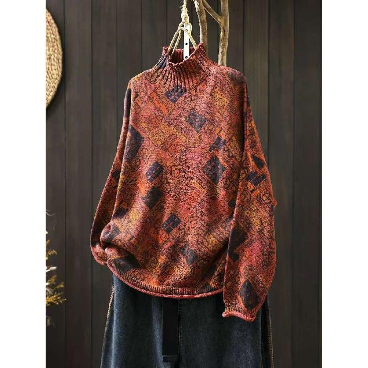 Johnature Niche Print Mock Neck Long Sleeves Vintage Sweater Woman Winter Loose Retro Personality Sweater