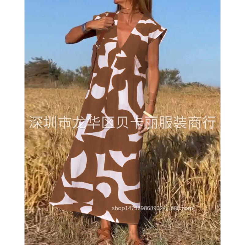 IHUASU Women s Fashion Summer Spring  Short Sleeve V-Neck Casual Dresses XXXL коричневый