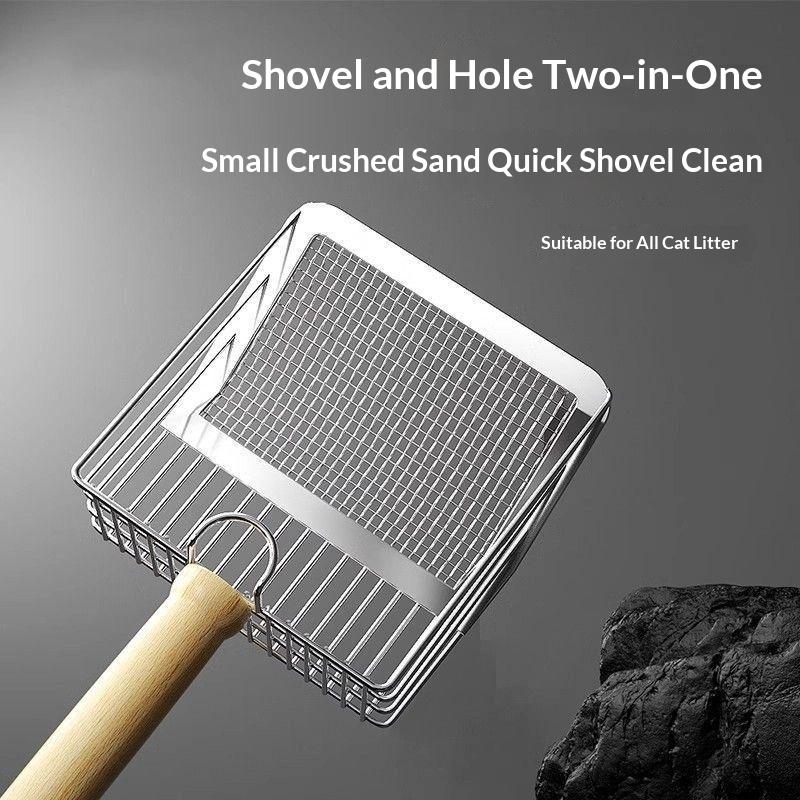 Metal Cat Litter Shovel with Comfortable Wood Handle Built-in Hook Portable Kitty Litter Sifter for Daily Cat Care