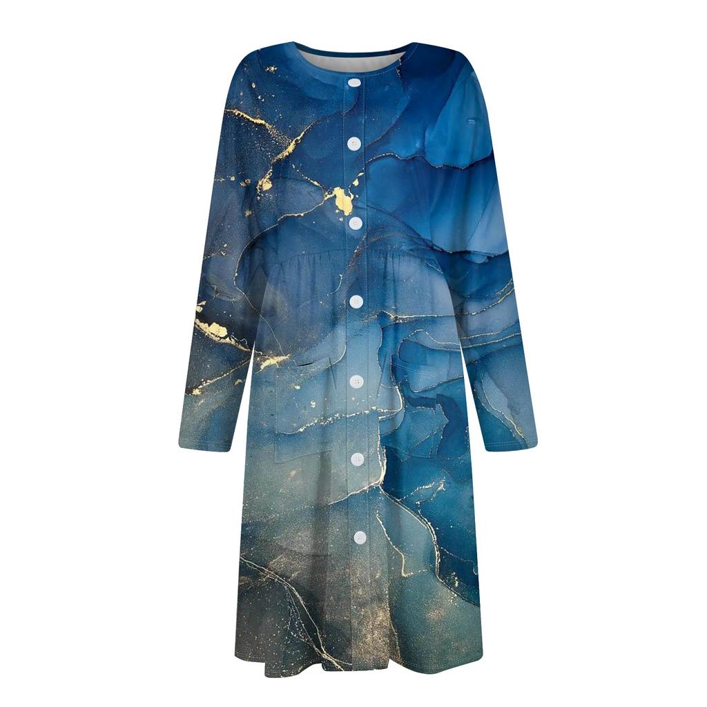 Women's Casual Fashion Sexy Comfortable Sundress Button Long Sleeves With Pockets Floral Print Dress