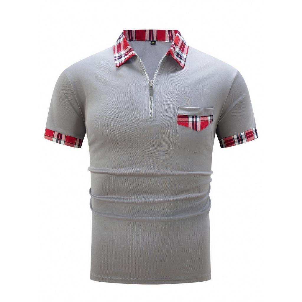 Neues Herren einfarbiges Collage-Taschen-Revers-Reißverschluss-Alltags-Freizeit-Kurzarm-Poloshirt