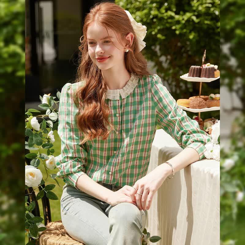 Bailuyu Women s Long Sleeve Plaid Ruffle Shirt L