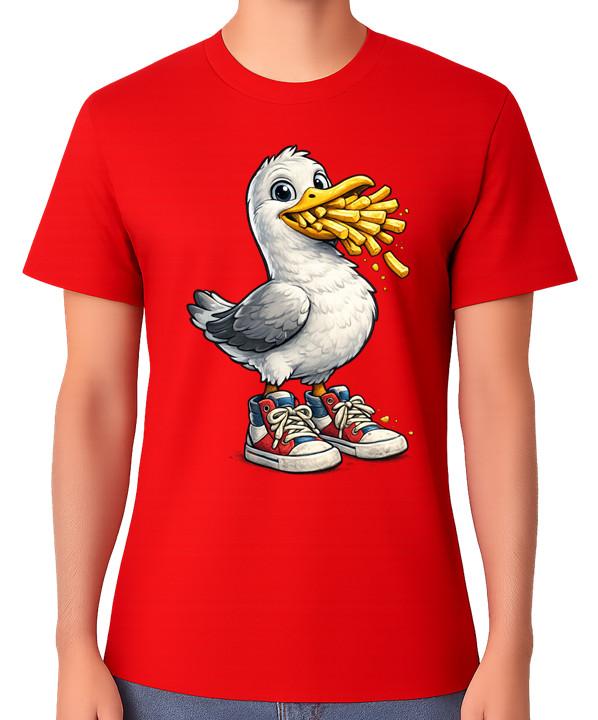 Funny Seagull Eating Fries Cartoon Graphic T-Shirt Foodie Unisex Tee S разноцветный