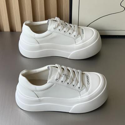 Platform White Shoes Women's Autumn New Leather Versatile Women's Shoes Round Head Lace-up Casual Sports Board Shoes