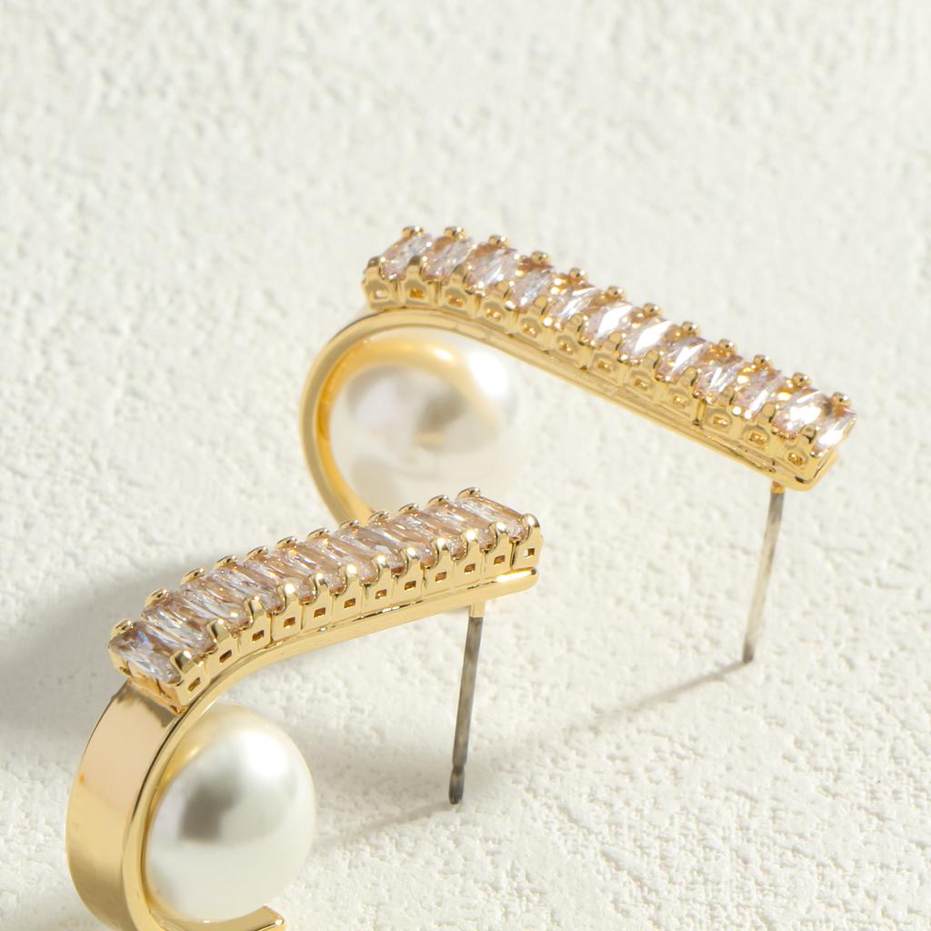 Golden Cubic Zirconia Pearl C Hoop Earrings for Women Elegant Jewelry Gift