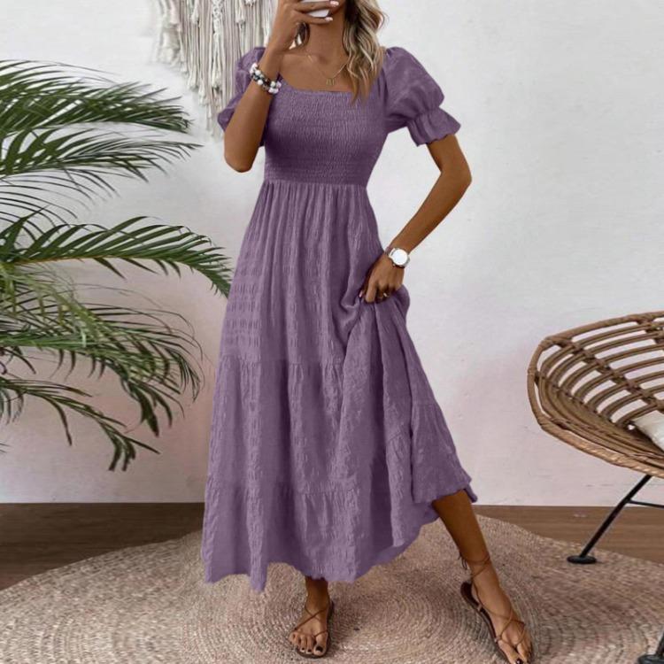 Women S Square Neck Puff Sleeve Maxi Dress Smocked Bodice Tiered Skirt with Pockets for Casual Wear