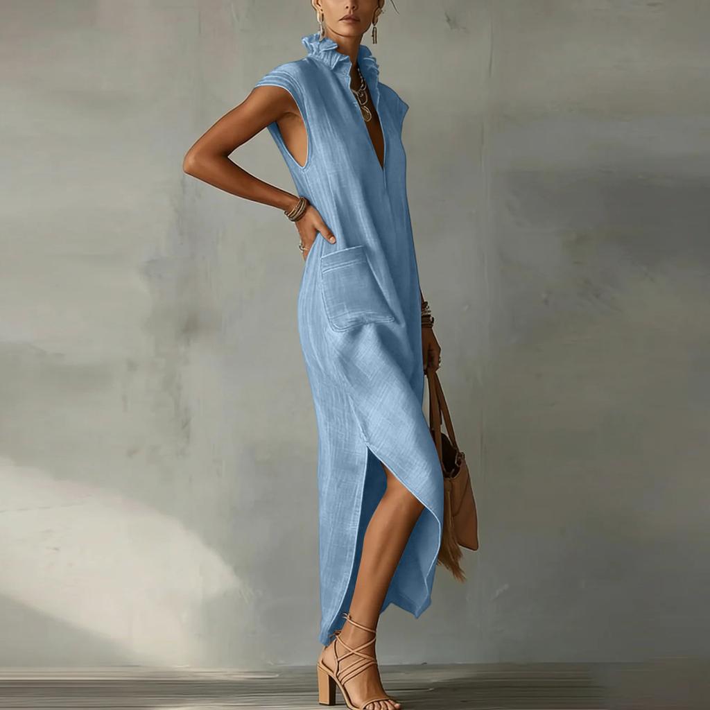 Ladies' Fashionable And Casual Cotton Linen Sleeveless Loose V-neck Dress