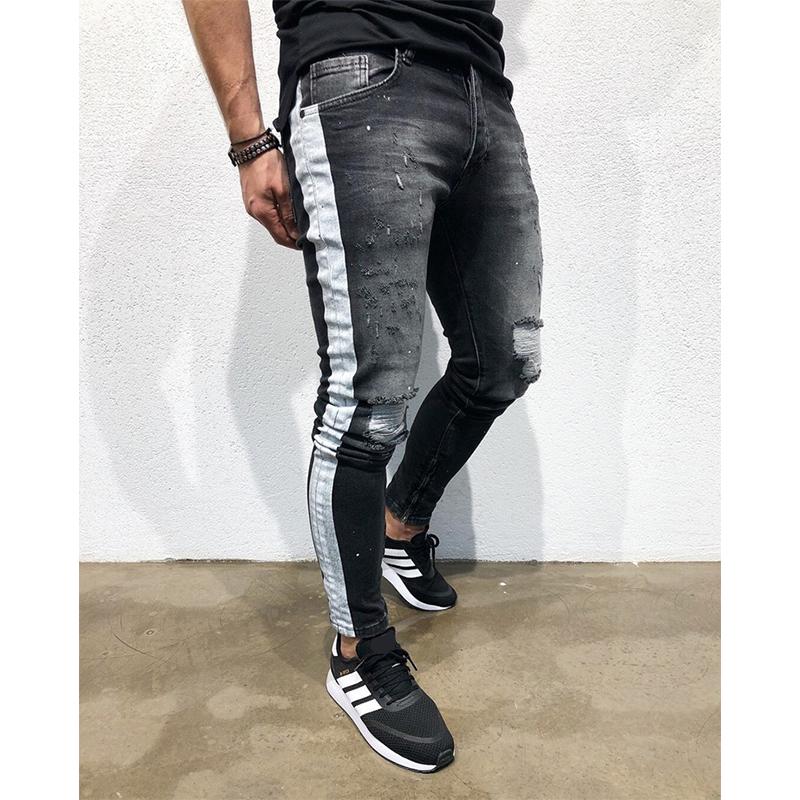 Men Distressed Skinny Jeans Side Stripe 
