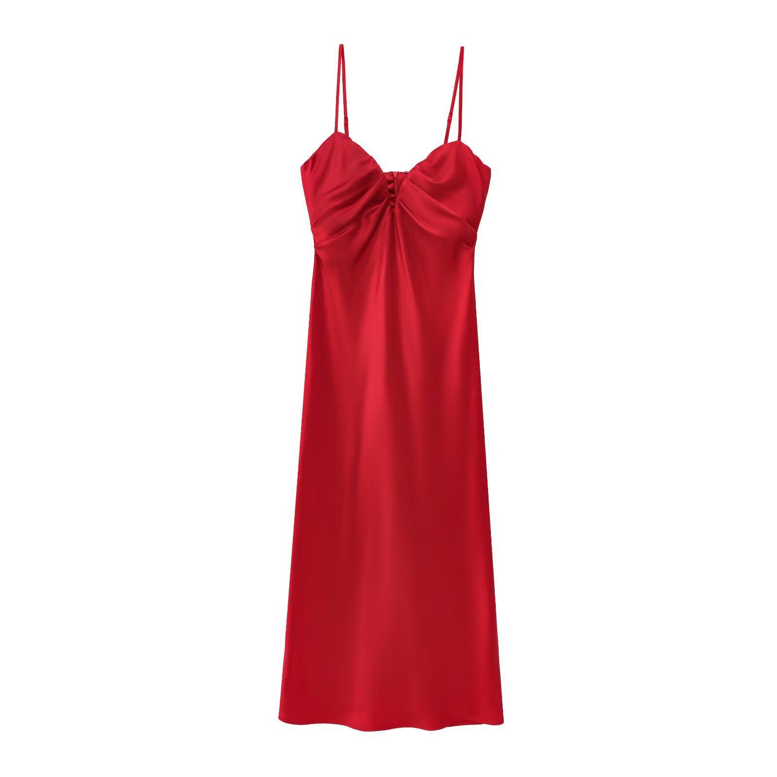 

Spring/Summer Red Silk Satin Backless Midi Dress with Sweetheart Neckline Large