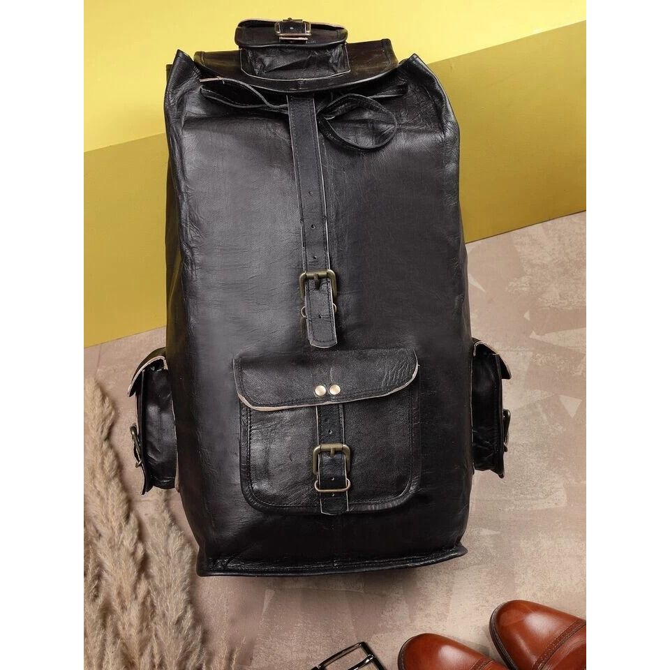 Genuine Black Leather Large Men's Vintage Backpack Travel Rucksack Gym Bag