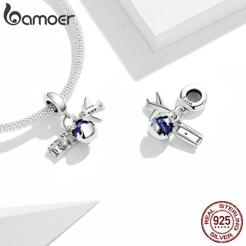 Bamoer Genuine 925 Silver Travel Round the World-Mini Camera Pendant Fit for Bracelet or Bangle Plane Charms Jewelry