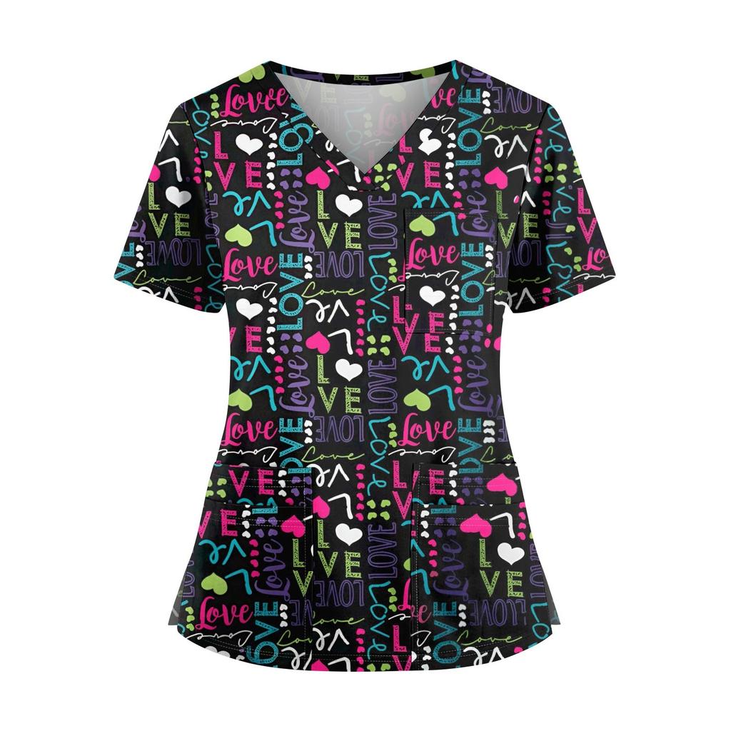 Plus SizePrinted Scrub Working Uniform Tops For Women's Cross V-Neck Halloween Print Short Sleeve Fun T-Shirts Workwear Tee With Pockets