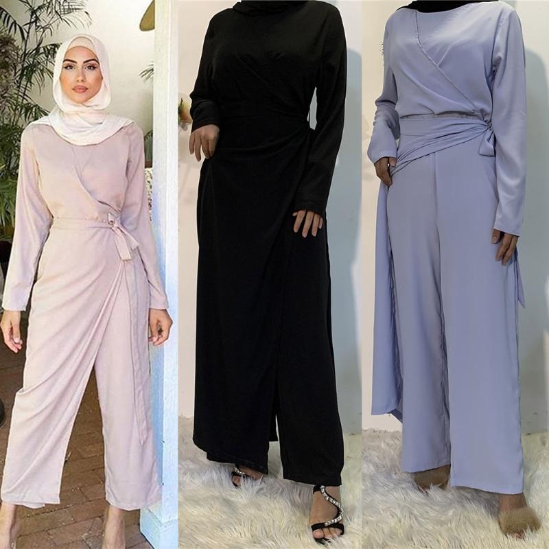 Muslimische Damenmode für Frische Einfarbige Overalls Kleider Abaya Dubai Türkei Islam Schnürung Hoher Bund Kleidung Langarm