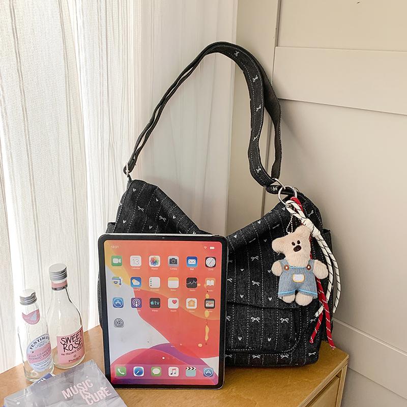 Denim Bag Women's Shoulder Bag Large Capacity Tote Bag Bow Print Commuter Crossbody Bag