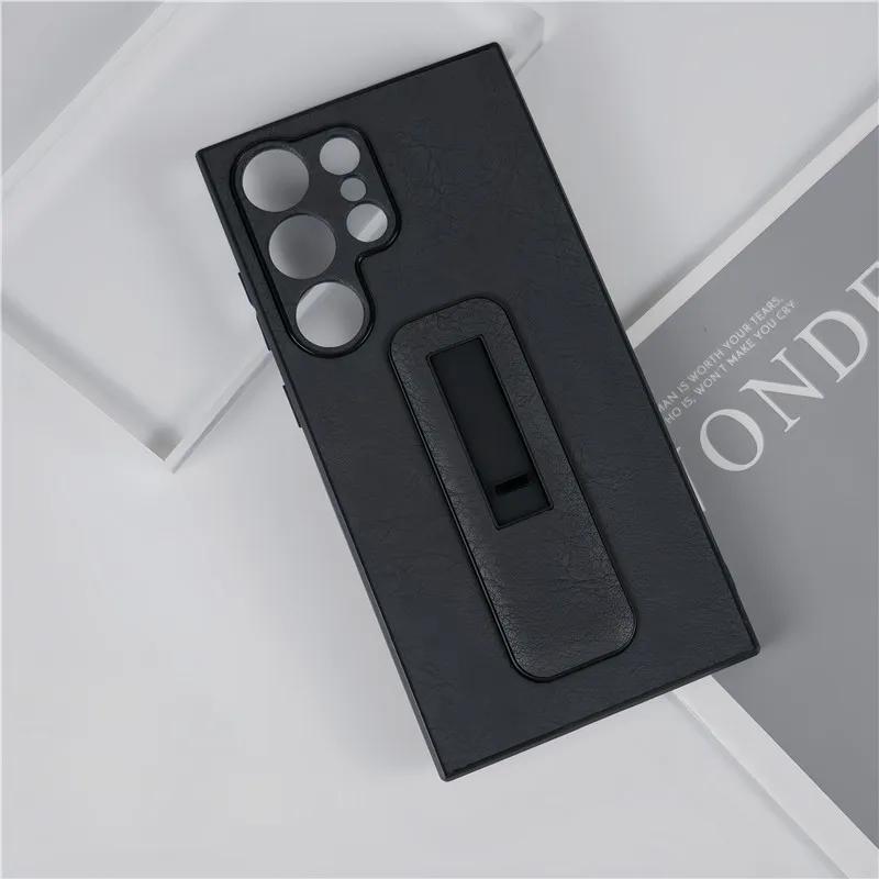 Faux Leather Cover with Invisible Bracket for Samsung Galaxy S24 S23 S22 S21 Ultra Plus + Kickstand Ring Holder Stand Phone Case