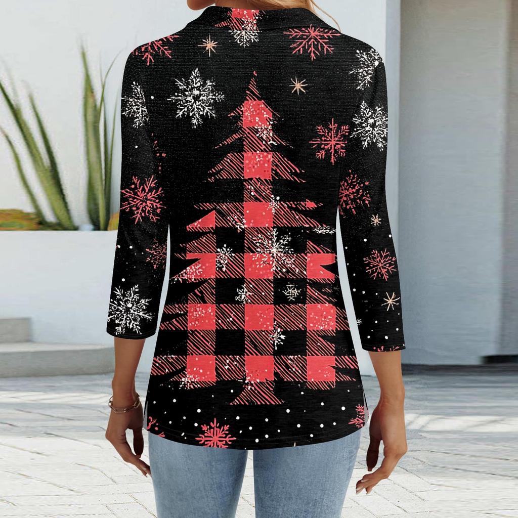 Dámská móda Ležérní klopa Krátký 3/4 rukáv Vánoční potisk Košile Dámské knoflíkové topy