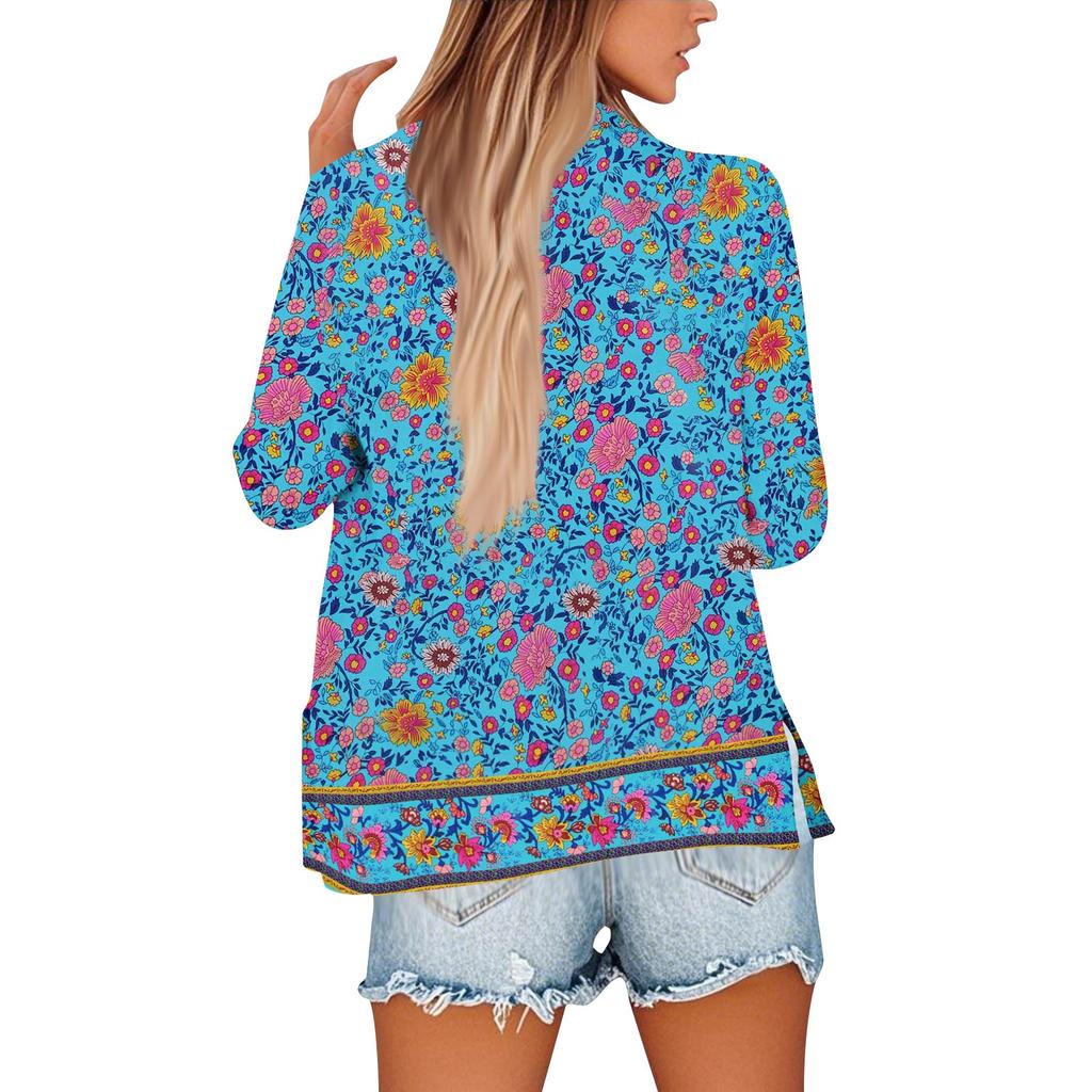 Women's Loose Floral Print Stand Collar Long Sleeve Cotton And Linen Top