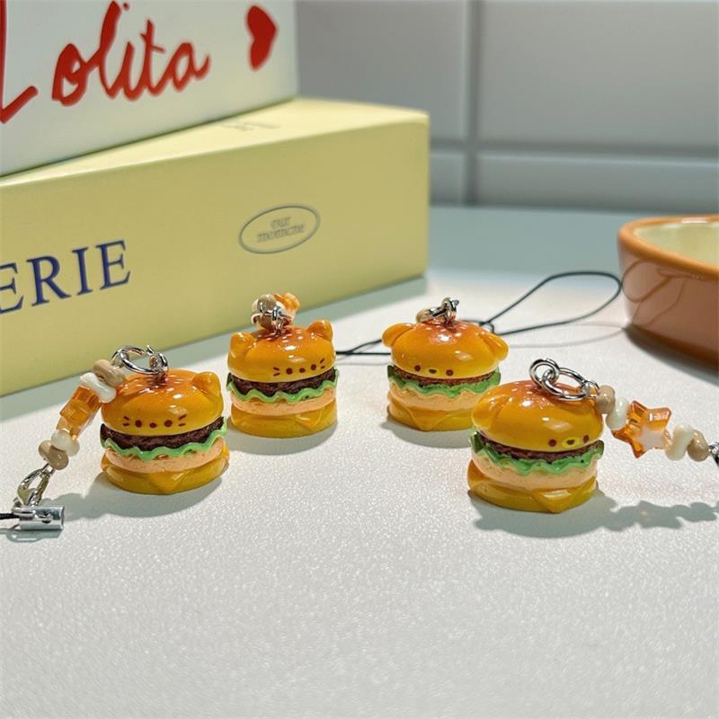 Cute Hamburger Cat Puppy Phone Chain Lanyard Bag Keychain Pendant Charm Elegant Keyring Sweet Girly Backpack Hang Ornament Gifts
