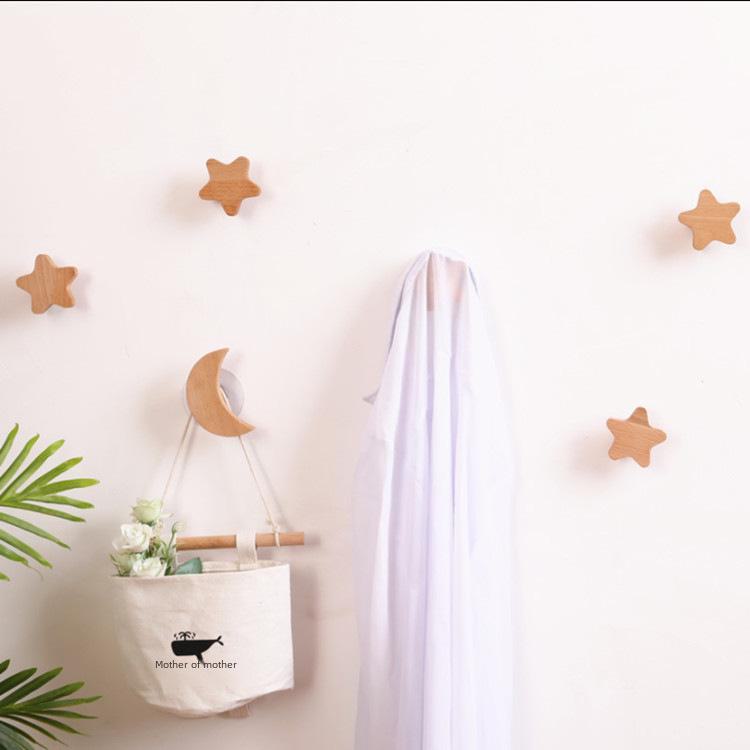 Nordic Solid Wood Star & Moon Wall Hook Set - Punch-Free Design for Coats & Hats