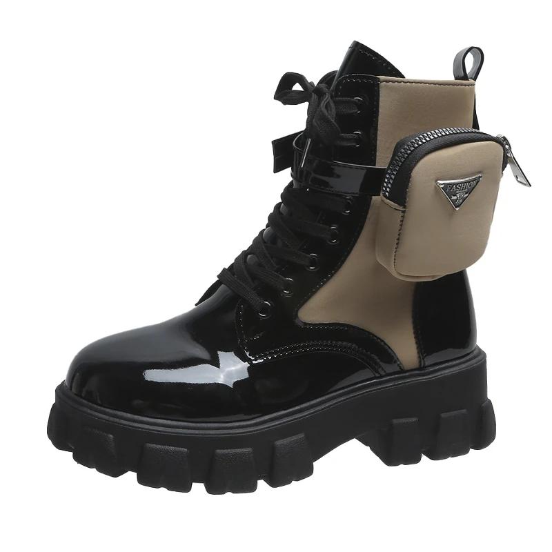 Neue Botas Damen Motorrad Stiefeletten Keile Weiblich Schnürstiefel Plateaus Stiefeletten Schwarzes Leder Oxford Schuhe Damen Botas Mujer Tasche