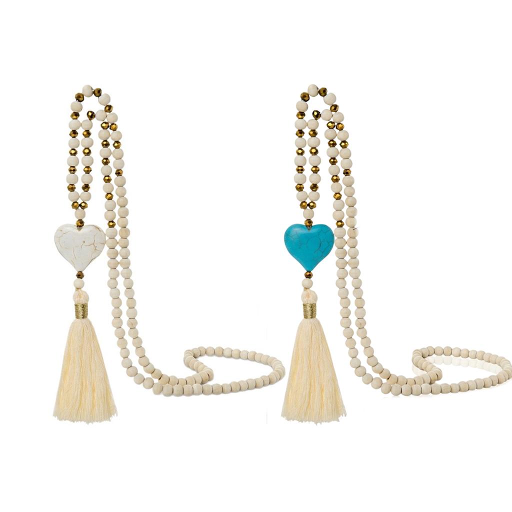 Artistic Retro Inspired Statement Necklace Sweater Chain Jewelry With Imitation Turquoise And Wood Bead Accent