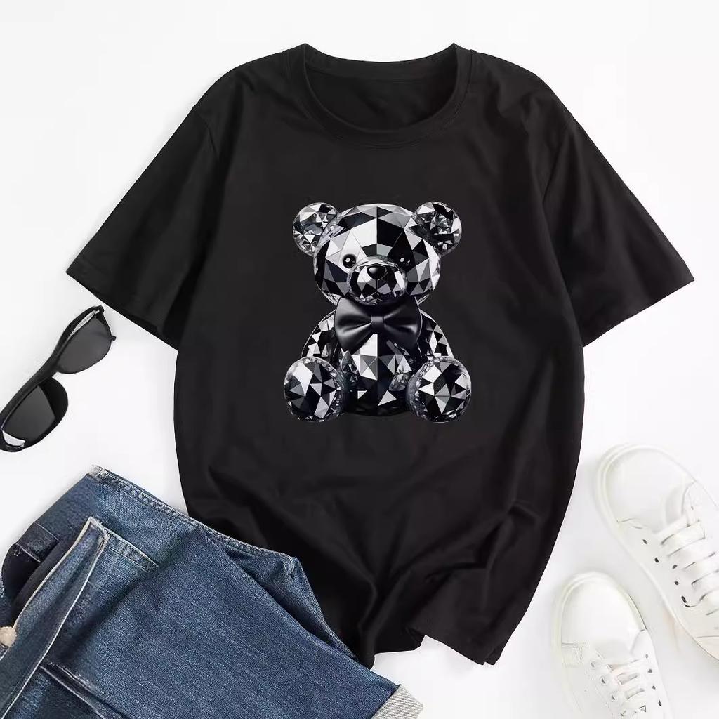 Cartoon Bear Cotton T-Shirt Short Sleeve Round Neck Women 2d Print Tops