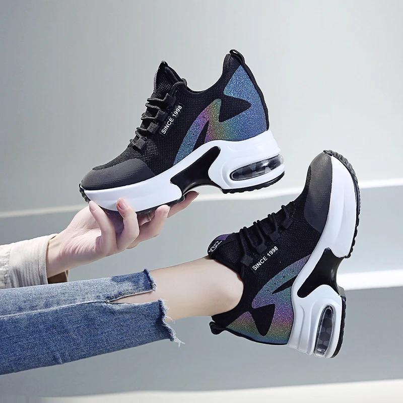 Fashion 2025 Spring Heel Shoes Women Inner Heightening Sports Shoes Fashion Flower Wedge Female Sport Shoes Student Sneakers