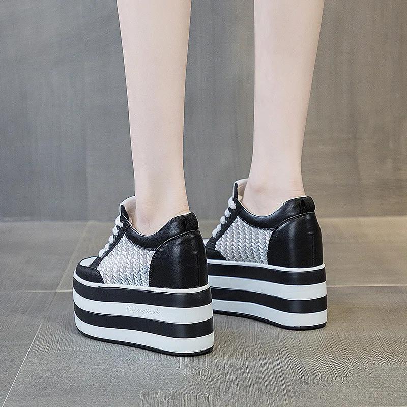 Fashion 12cm Air Mesh Chunky Sneakers Wedge Platform Lace Breathable Hollow Shoes Vulcanized Summer Genuine Leather Hidden Heels