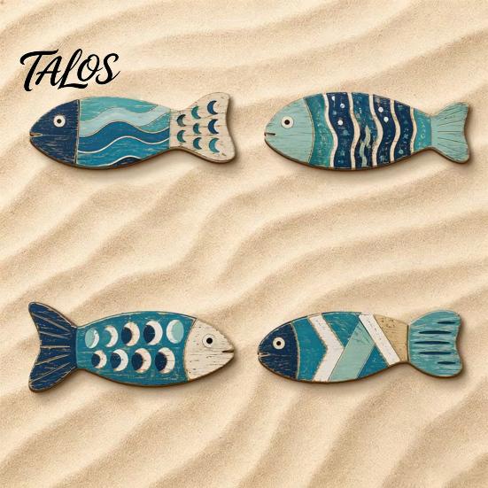 Wall Hanging Decor for Beach House 4Pcs Wooden Fish Decor, 2D Flat Mediterranean Style Ornaments Coastal Nautical Theme Room Accessories Home Bedroom