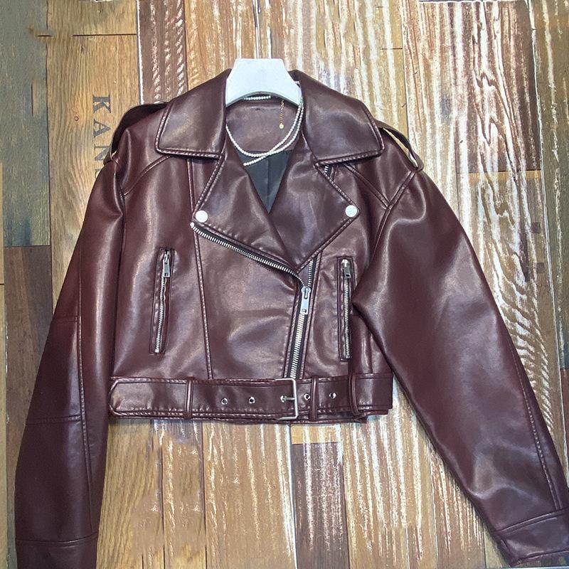 Women's Retro Hong Kong Style PU Leather Motorcycle Jacket - Short, Trendy Spring/Autumn 2023 Edition