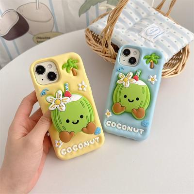 3D Cute Coconut Tree Holder Phone Case For iPhone 16 15 14 13 12 Pro Max Soft Silicone Cover