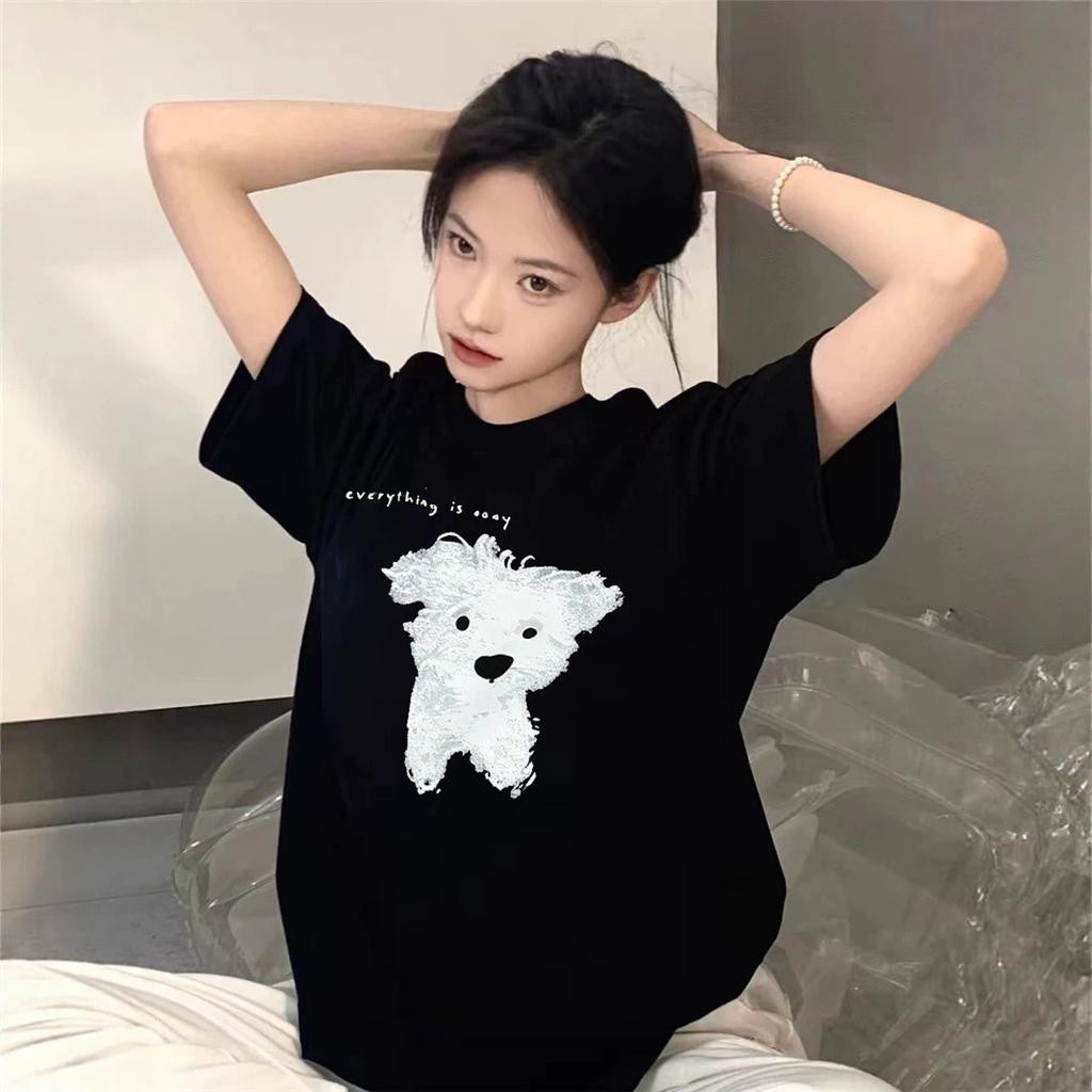 Black Cotton Cute Puppy Short-sleeved T-shirt Female Summer Student Loose Lazy Style Design Half-sleeved Top