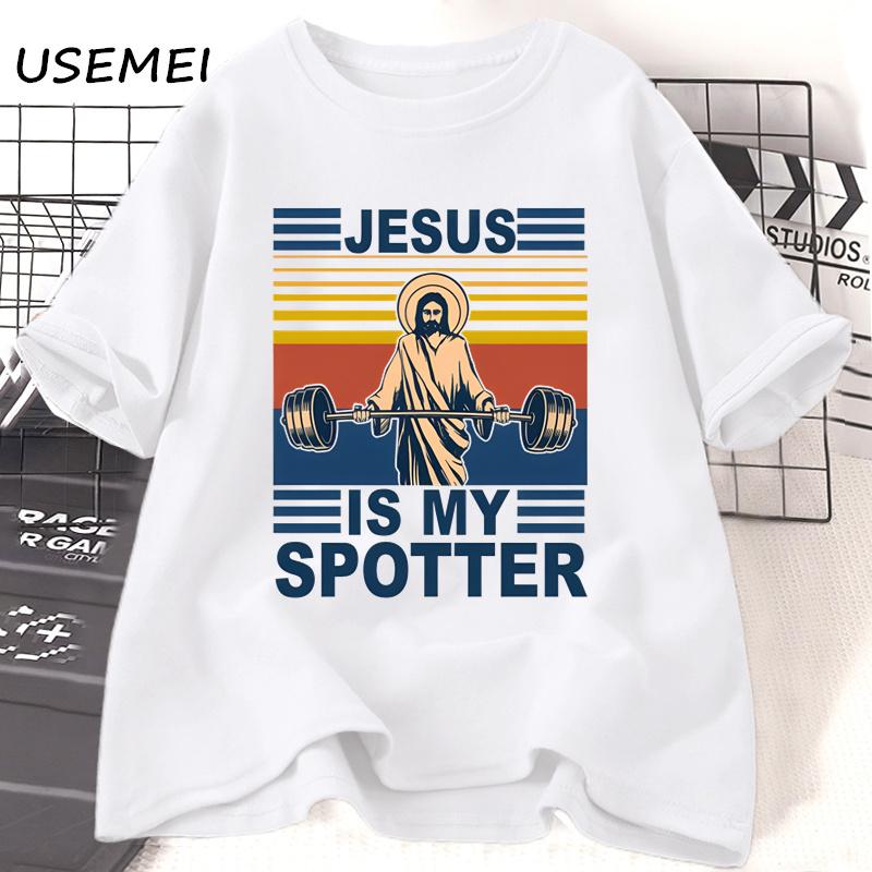 Fitness Jesus Is My Spotter T-shirt Men Casual Vintage Religious Faith Gym T Shirt Christian Funny Faith Tshirt Cotton Clothes