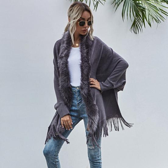 Batwing Long Sleeve Open Stitch Mid-Length Fit Shawl Loose Cardigan Fall Winter Artificial
