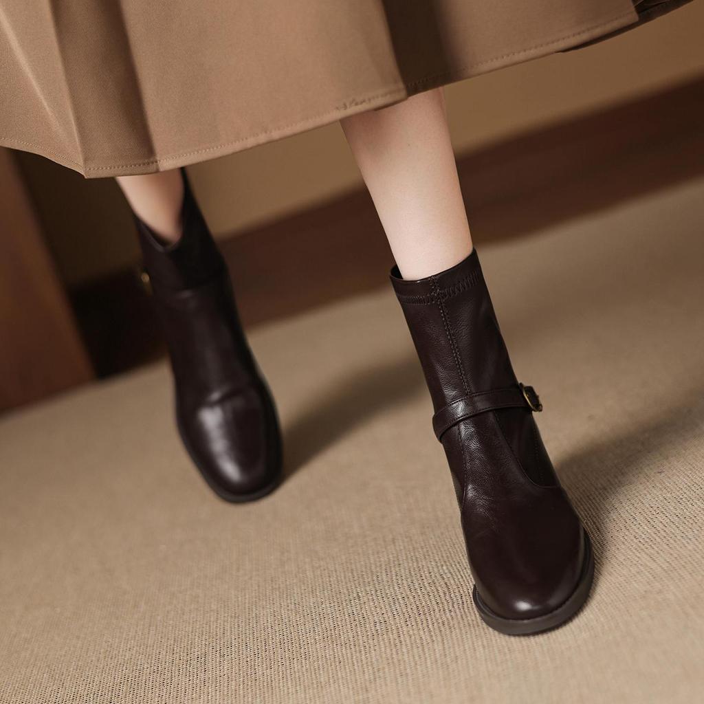 Krazing Pot Microfiber Winter Round Toe Western Boots Med Heels Zipper Women Metal Buckle British School Ankle Boots