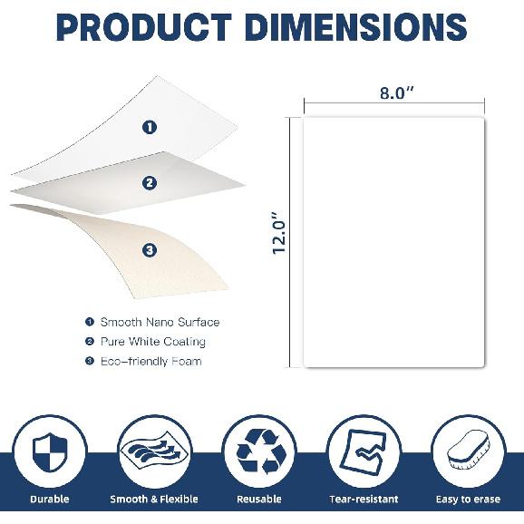 3 Pack Dry Erase Board Stickers Magnetic Free, 12"x8" Restickable Dry Erase Sheets No Residue for Wall/Refrigerator/Door/Cabinet, Adhesive