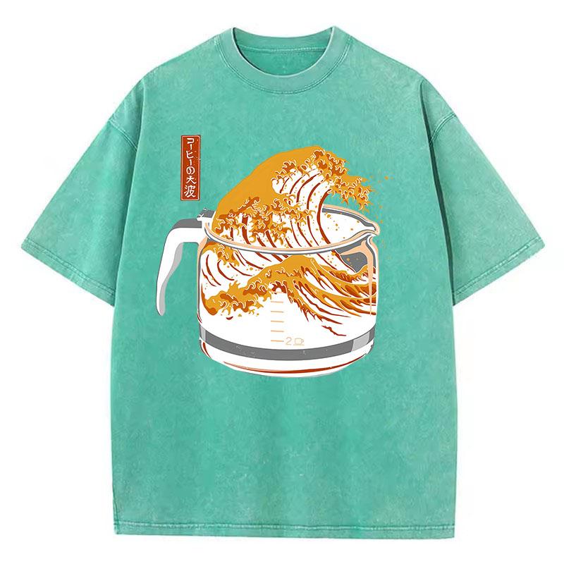 Retro T Shirt Vintage Washed Cotton T-Shirt Japanese Style Wave  Graphic Tee Casual Streetwear Spring Summer