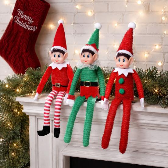Flexible Bendable Limb Figurines Christmas Elf Boy Ornament, Small Cute Plush Doll Decoration with Holiday Shelf Sitter Decorations Arm And