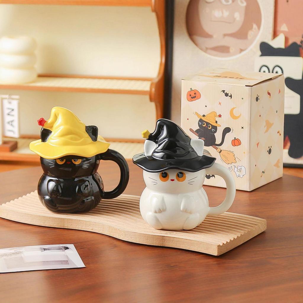 Enchanting Cat Ceramic Mug with Lid - Ghost Hat Design, Perfect for Couples