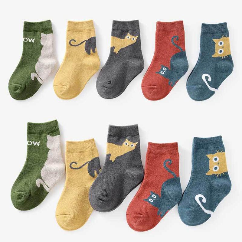 5Pairs Cute Cartoon Cat Socks For Kids Autumn Winter Warm Mid Tube Stockings 1-8Year Boy Girl Baby Footwear Children Cotton Sock