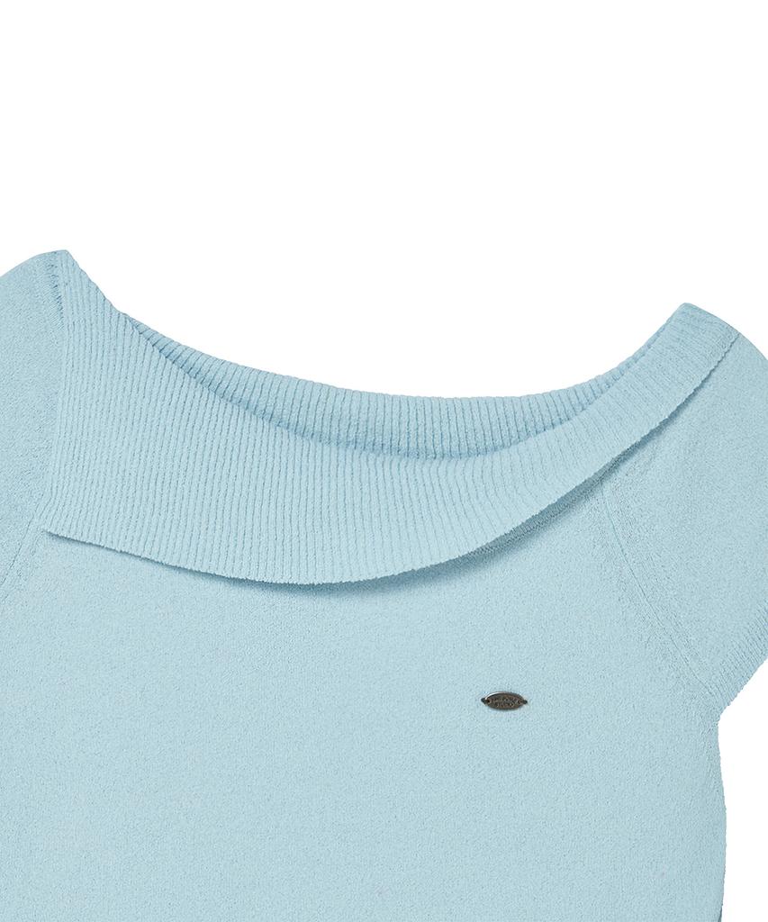 AWESOME STUDIO Asymmetrical Collar Off-Shoulder Knit Light Blue