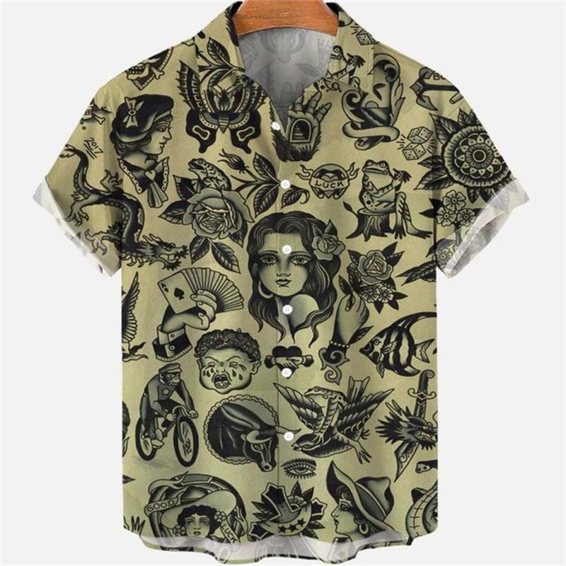 Summer Men's Dragon Pattern Element Shirt Social Casual Vintage Hawaiian Shirt  New Oversize Short Sleeve Street Clothing