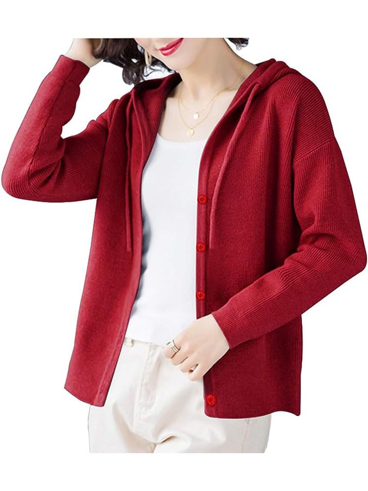 Bvaeocl Knit Long Cold BV94 Women's Cardigan, Hooded, Sleeve, Weather, Autumn/Winter, (Free Size, Red)