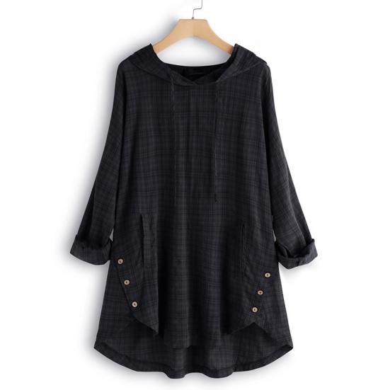 Women Top Loose Checked Long Sleeves Pullover Drawstring Dress Up Hooded A-line Plus Size Fall Shirt Female Clothes