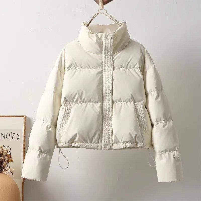 Women Thickened Mock Neck Cotton-padded Jacket Single Breasted Pocket Casual Down Coat Winter Warm Loose Short Coat Fall