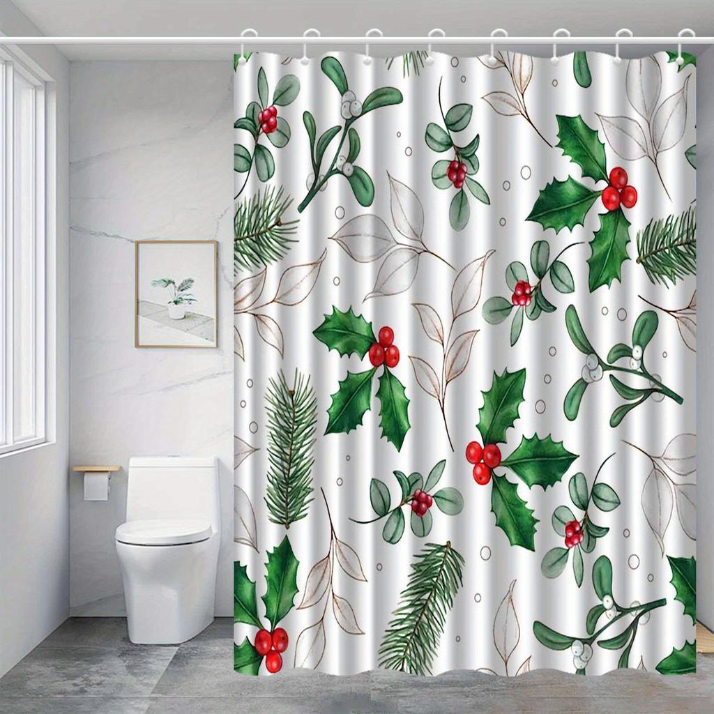 1pc Fresh Christmas pine branch pattern shower curtain, polyester fabric, machine washable, suitable for bathroom decoration