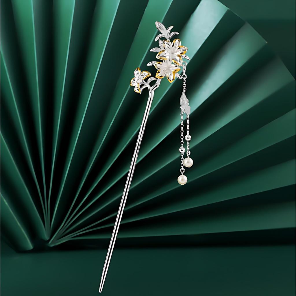 Miaomyao Japanese Hair Hair Accessory [Miaomyao] Hairpin, Style, Tomesode, Kimono, Ornament, Metal, Antique, Flower, Azalea, Thatch, Pearl, Silver,