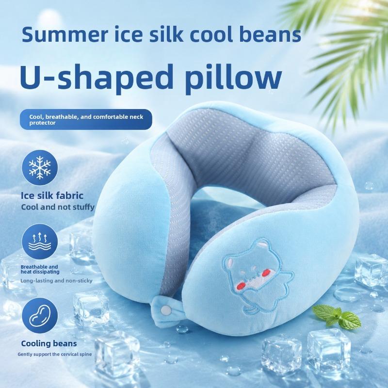 Cartoon U‑Shaped Neck Pillow Ice Bean Surface PP Cotton Filling Cervical Support Travel Pillow Portable Neck Rest for Airplane Car Office Nap