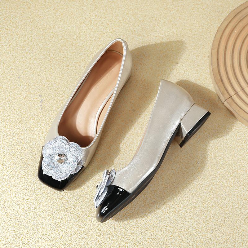 Rhinestone Camellia Color Matching Small Fragrant Style High Heels Thick Heel 2025 New Huizhou Women's Shoes Square Head Light Mouth Single Shoes