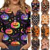 Women V Neck Halloween Print Casual T Shirt Button Detail Three Quarter Sleeve Top Lightweight Comfortable Fit